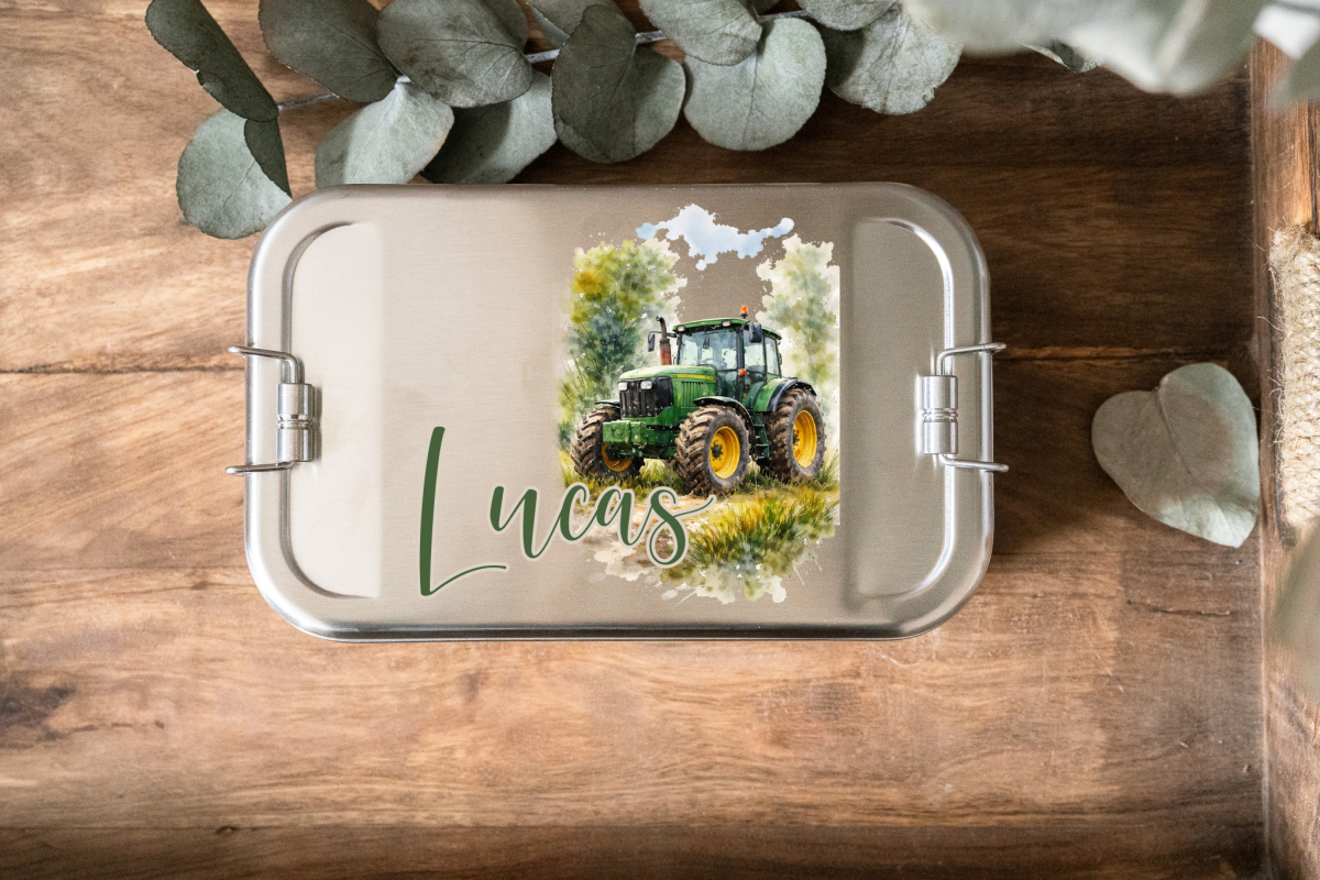 Personalisierte Edelstahl-Brotdose mit Traktor-Motiv und dem Namen „Lucas“, Click-Verschluss, 1100 ml